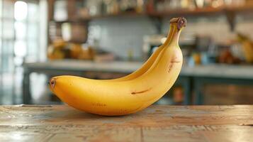 A single banana on a wooden table photo