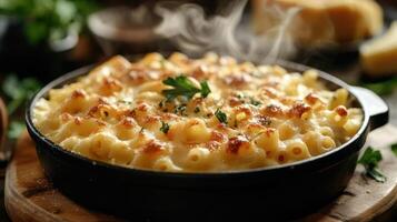 A cast-iron skillet of macaroni and cheese with parsley on top. photo