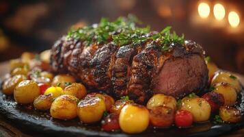Roasted beef with vegetables on a plate photo