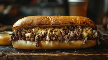 A delicious-looking cheesesteak sandwich with melted cheese and meat on a crusty roll. photo