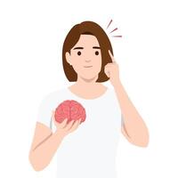 Woman holds a brain in one hand while pointing to her head, critical thinking, Power of the mind. vector