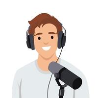 Man wearing headphones and speaking into a microphone, ready to record or broadcast a podcast. vector