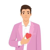 Man Holding a Heart Symbolizing Love and Affection. Man holds a red heart close to his chest. vector