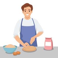 Baker wearing apron, kneading dough on a countertop with ingredients like flour and eggs beside him. vector