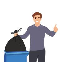 Smiling man gives a thumbs-up while disposing of a garbage bag into a trash bin. vector
