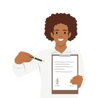 Successful Contract Signing. Man holds a clipboard with a signed document while offering a pen. vector