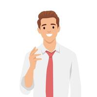 Smiling man in a white shirt and red tie gestures while speaking, confidence and friendliness. vector
