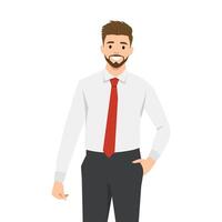 Confident businessman in formal attire stands with a smile, exuding professionalism and charm. vector