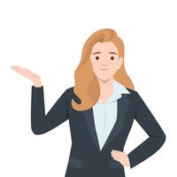 Professional woman in a business suit gestures with one hand presenting or explaining something. vector