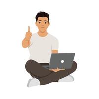 Man sitting cross legged with laptop on his lap gives thumbs up, success,approval, and productivity. vector