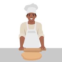 Baker wearing a white chefs hat and apron, rolling out dough on a countertop, ready for baking. vector