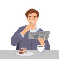 Man enjoys breakfast while reading the newspaper, savoring a bite of cake alongside a cup of coffee. vector