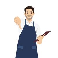 Waiter holding a clipboard shows a thumbs down gesture, indicating dissatisfaction or rejection. vector