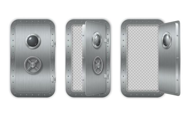 Metal realistic closed and open doors with rivets and round glass portholes. 3d illustration.
