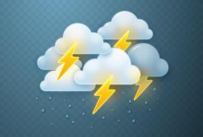 Clouds with lightning and raindrops isolated on dark background. vector
