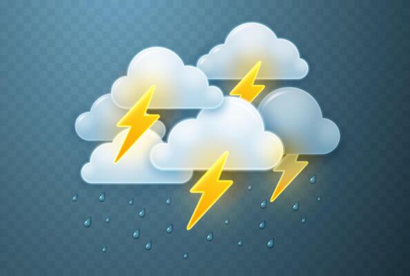 Clouds with lightning and raindrops isolated on dark background.