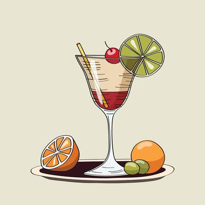 Hand drawn illustration of a cocktail with olives and citrus garnish