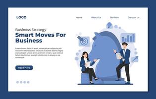 Strategic planning landing page template. Businessman with laptop working on chessboard. Business strategy vector