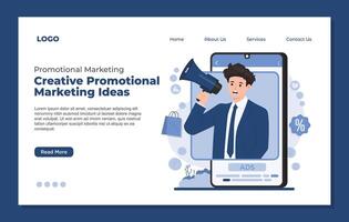 landing page template for mobile marketing and online advertising. Man with megaphone on smartphone screen. vector