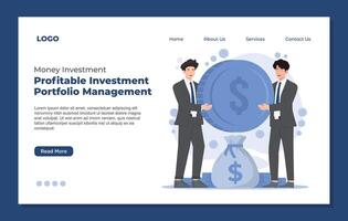 Landing page design template of project management. Businessman with dollar coin. vector
