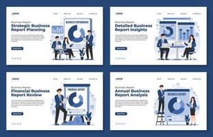 Landing page template Business report concept illustrating business performance and financial analysis Shows data charts, graphs, and documents vector