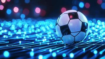Soccer ball football floating above digital network grid, futuristic blue neon background with blurred perspective photo