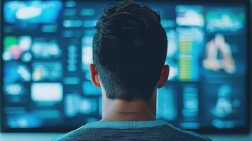 Back view of sport fan man watching football match and making at bets bookmaker's website in front of TV screen home photo