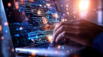 Programmer developing innovative software using futuristic holographic futuristic interface person's computer on a laptop, AI neon holographic icons and data visuals, hand technology photo