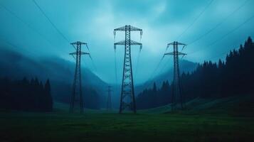 Group Electricity pylons and high voltage of transmission power against stand silhouetted lines a vibrant sunset sky photo