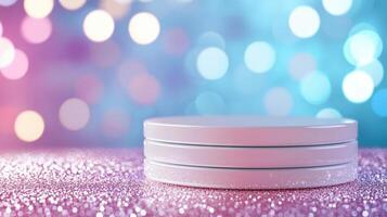 Sparkling white podium 3d blurred on pink glitter surface, surrounded by soft blue and pink resting lighting effects aesthetic photo