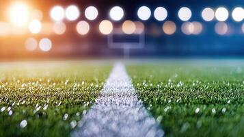 Stadium lights casting illumination vivid green Football soccer field touchline during intense nighttime match photo