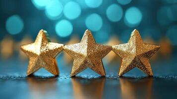 Gold three trophy rating star symbolizing success, achievement, and victory on background photo