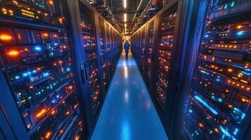 center administrator walking in server room corridor checking hardware operation in a big data storage center background is a softly lit, high-tech environment data System photo