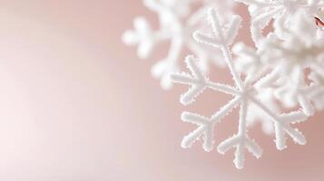 Delicate white winter snowflake ornament dangling against christmas pastel background, embodying seasonal charm and festive elegance photo