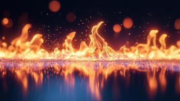 Realistic fire flames burning on a reflective surface with a bokeh effect in the background, creating visual photo