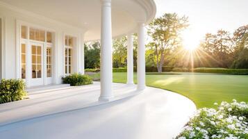 trees, terrace bathed in sunlight, framed by verdant Wooden extending from bright modern home's open doorway a summer cottage home photo