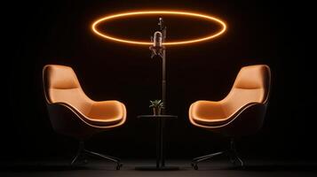 Modern podcast studio setup with neon two empty chairs, small table, and circular microphone, light, ready for recording photo