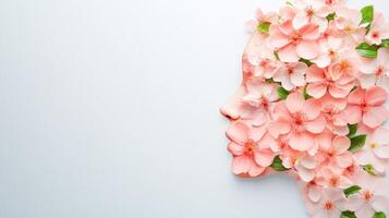 Gerbera flowers creating woman profile silhouette face in beauty symbolizing feminine profile, against pristine white background copy space for your text photo