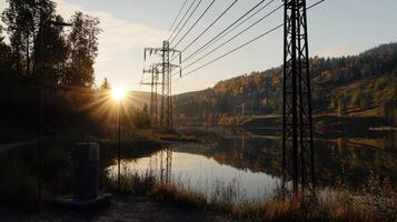 Electric powerlines pylons and high voltage power stand lines silhouetted against a vibrant sunset sky photo