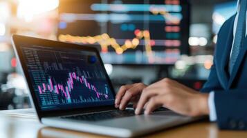 Trade technology Stockbroker analyzing real time stock market data multiple laptop with financial charts displayed on on screens in background photo
