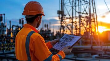 sunset engineer checking power substation blueprints, Electrical golden illuminating technical infrastructure and grid planning photo