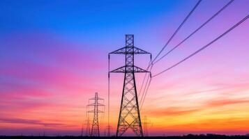 sky pylons and high voltage power lines stand silhouetted against a Electricity sunset vibrant photo