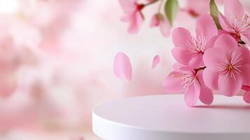 Soft cherry blossom flower petals drifting onto white podium, against elegant product showcase presenting pale pink spring background photo