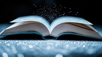 An open book sense pages covered in sparkling, colorful dust, evoking a with of magic photo