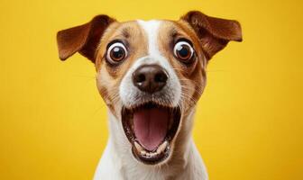 Jack russell surprised terrier widening eyes and dropping jaw, expressing surprise with comical facial expression against bright yellow background photo