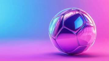 Soccer ball football floating above luminous digital network grid, futuristic blue neon background with blurred perspective photo
