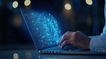 Programmer using developing innovative software and typing on laptop keyboard solutions, generating digital code in a futuristic office environment photo