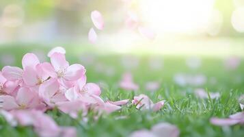 Delicate sakura pink blossom petals scattered across verdant grass, basking in golden spring sunlight green background Copy space for text photo