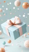 3d Pastel background box suspended midair valentine love, peach ribbon trailing, confetti gravity swirling around celebrating festive moment. Vertical format gift photo