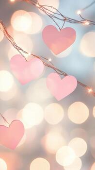 Romantic heart shaped string lights glowing softly, illuminating intimate spaces with warm, tender luminescence for valentine's background celebration photo